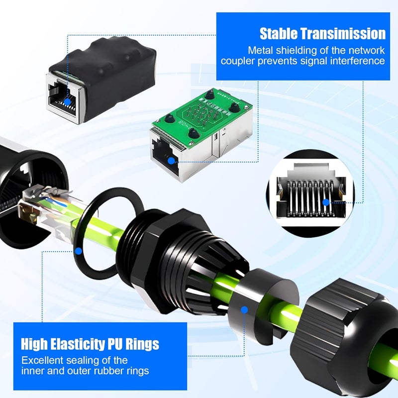 QINGLER موصل إيثرنت RJ45 مقاوم للماء 2 عبوة، خارجي IP68 محمي مع دعم PoE لكابلات الشبكة Cat7/Cat6/Cat5E/Cat5 موصل أنثوي إلى أنثوي - Image 4